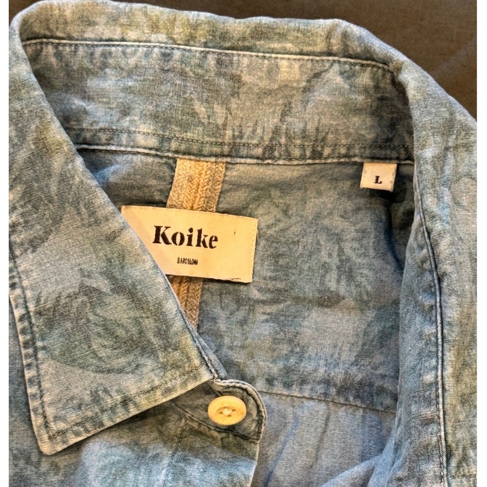 Koike‎ Barcelona Mens Blue Tropical Cotton Button Down Surf shirt L Denim - Picture 2 of 8